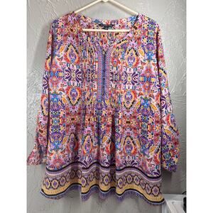 Zac & Rachel Womens Floral Boho Top Button Front‎ 3/4 Sleeve Pleated Plus Sz 2X